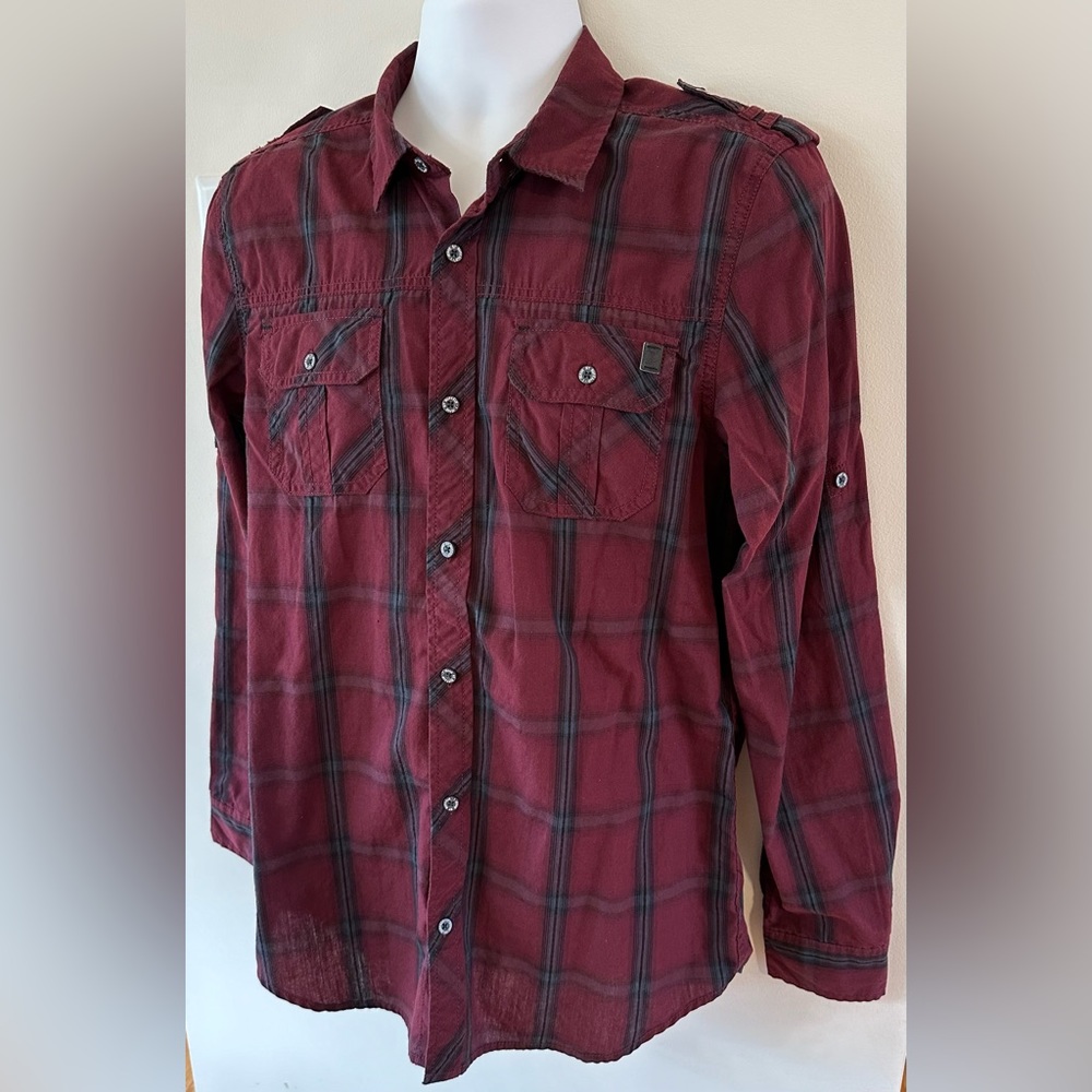 Buffalo By David Britton Men’s Maroon/Gray/Black Button Down Shirt Size Medium
